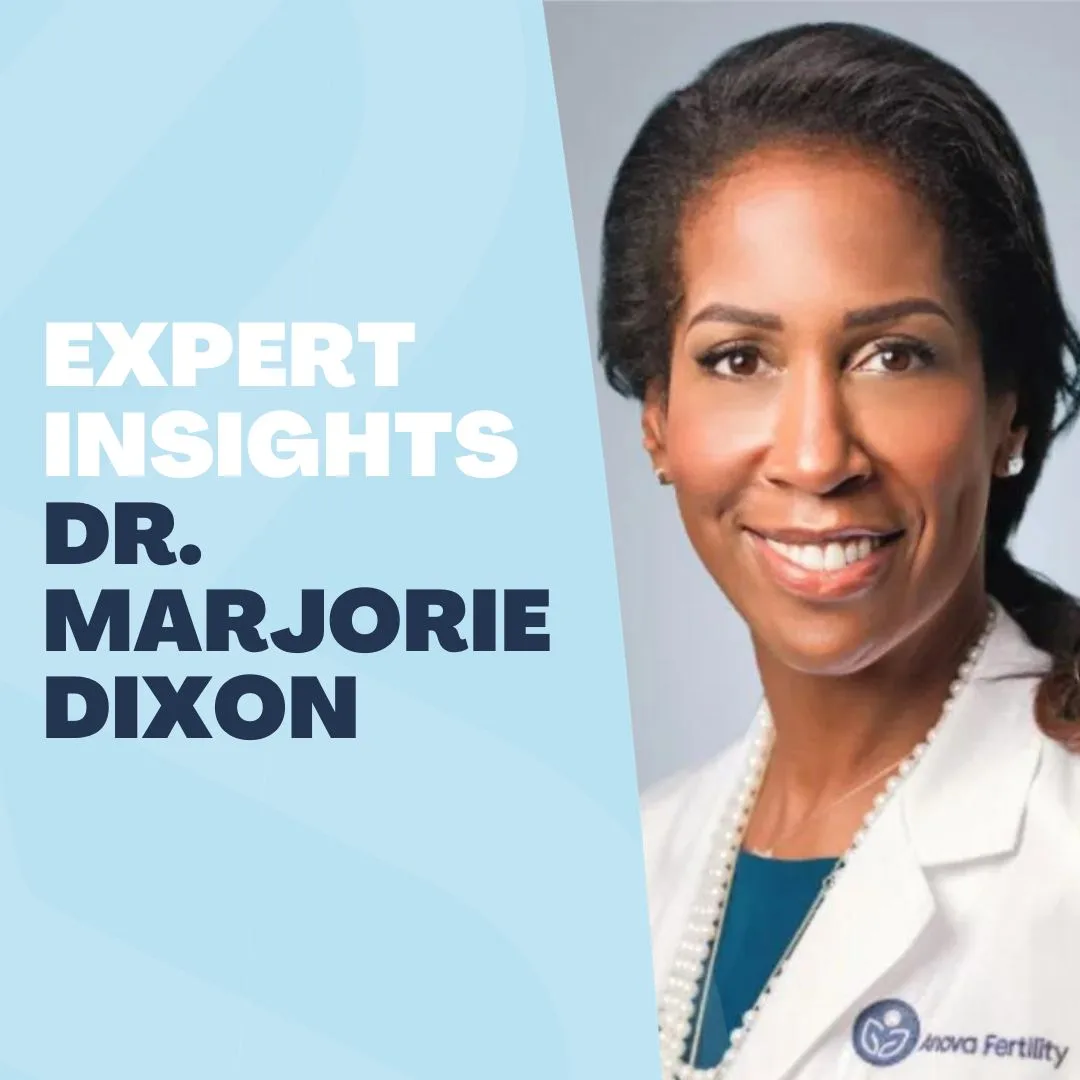 Une femme en blouse blanche sourit sur fond gris clair. À gauche, en gras, on peut lire « Avis d'expert : Dr Marjorie Dixon » et un graphique bleu clair souligne sa compétence en FIV.