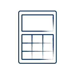 Icon of a basic calculator with a large display screen and a 3x4 grid of buttons below. The image is in a simple, dark blue outline style.