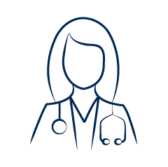 Line drawing of a person with long hair, wearing a lab coat and a stethoscope around their neck, representing a healthcare professional.